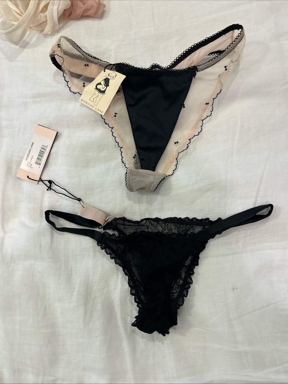 Morgan Lane Black & Nude Sheer Lace Thong Duo